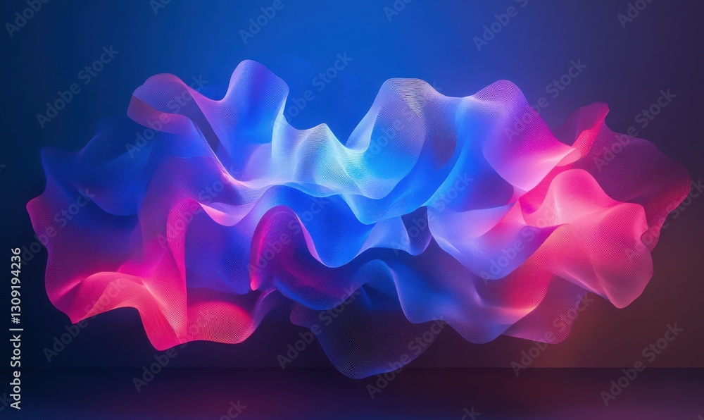 Poster dynamic glowing blue and pink wave-like textures illuminated by gradient light creating a bold and f