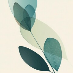 Abstract Teal and Green Leaves on Beige Background - Botanical Wall Art Print