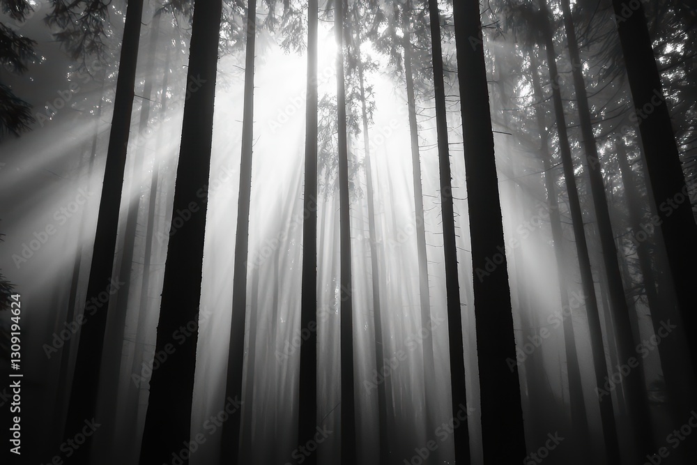 Poster serene misty forest with sunlight filtering through tall trees and gentle fog