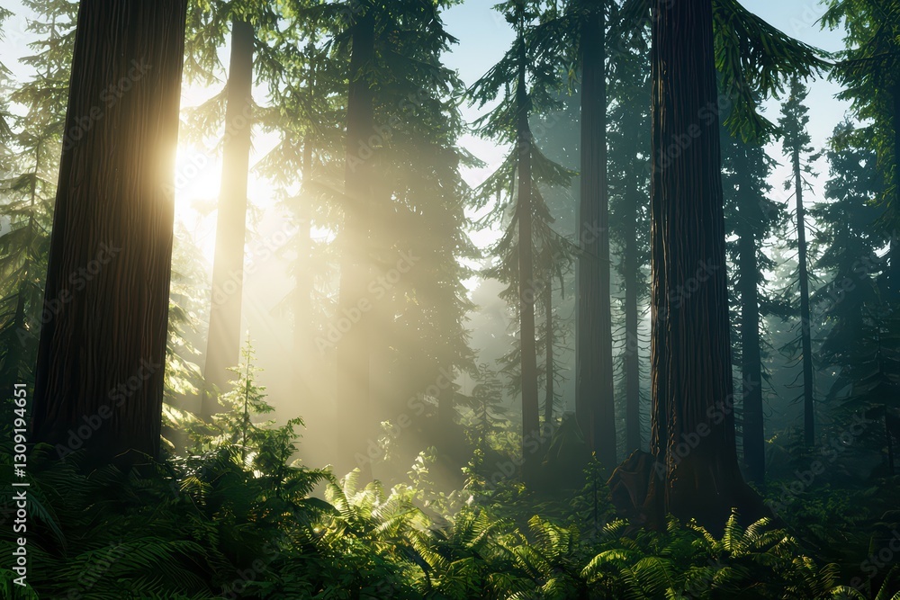 Poster misty forest with sunlight filtering through tall trees in a serene nature setting