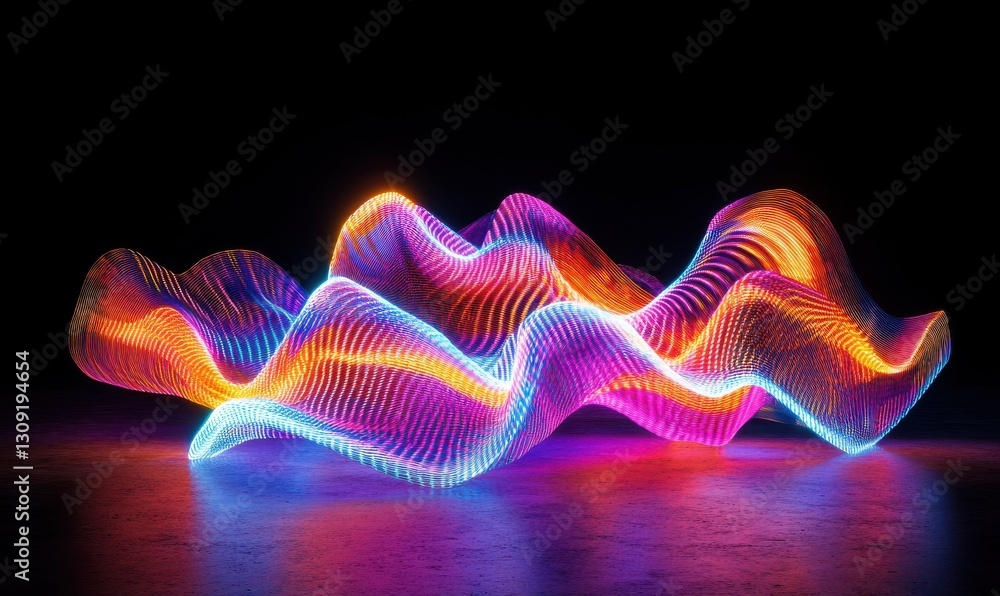 Poster dynamic glowing wave patterns illuminated by vibrant neon colors forming a futuristic and energetic 