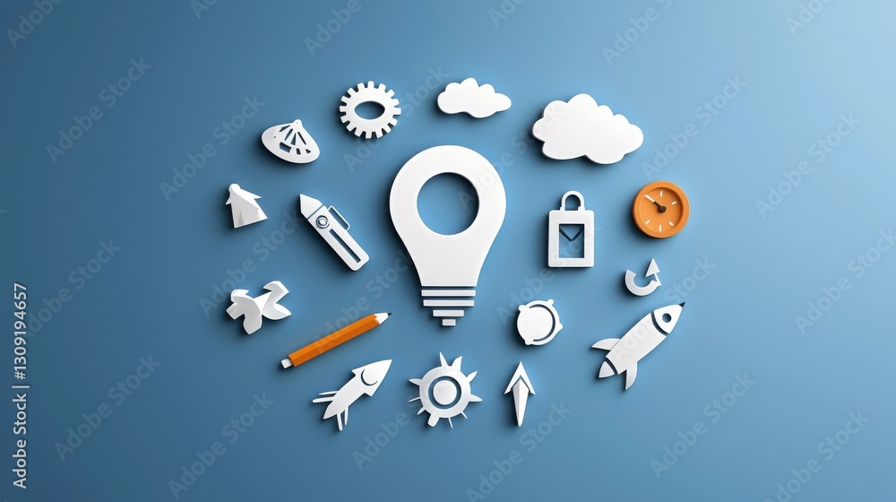 Poster innovative business concepts represented by various graphic icons such as light bulb rocket bar char