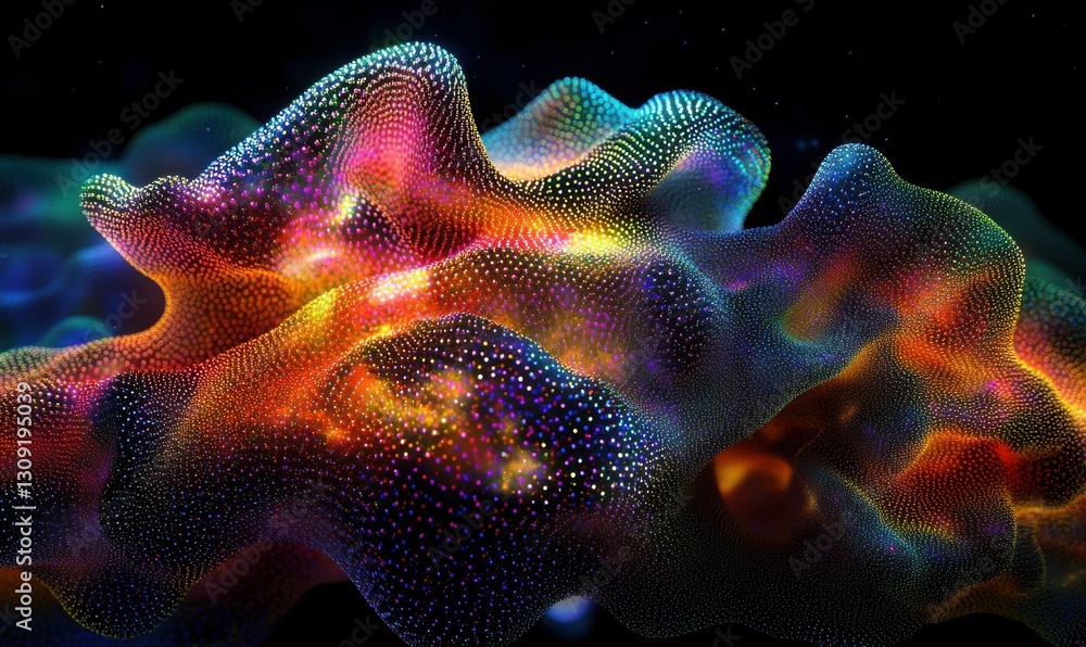 Poster dynamic network of glowing particles illuminated by vibrant gradient light forming a bold and futuri