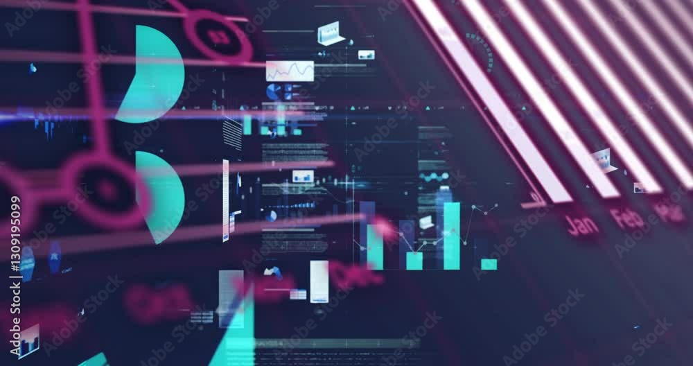 Poster digital graphs and animation charts overlaying abstract technology background