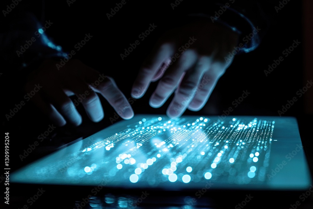 Poster mysterious hands interacting with glowing digital data on a tablet in the dark