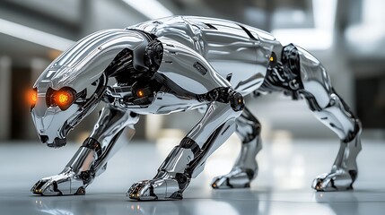Robotic panther prowling in futuristic corridor, security patrol