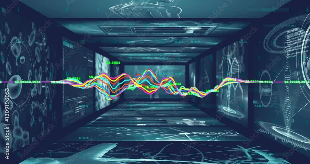 Poster in school, animation displaying colorful waveforms and processing scientific data