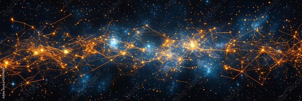 Poster abstract cosmic neural network with orange and blue fractal lines, representing connections in space