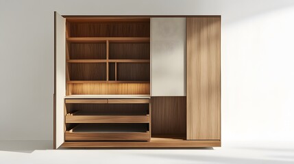 Fototapeta premium A modern Murphy bed with built-in shelving and storage compartments, displayed against a seamless white backdrop