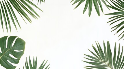 Tropical Green Leaves on White Background Flatlay