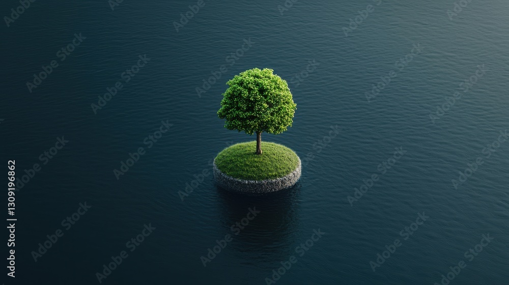 Poster lone floating tree in a serene aquatic landscape its reflection mirrored on the still water surface 