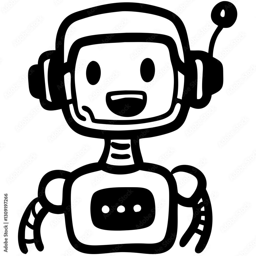 Poster smiling robot vector illustration with headset for tech designs and coloring books