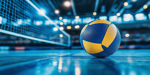 Close-up of blue and yellow volleyball on polished court with stadium background