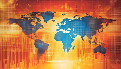 Obraz premium Global Financial Market Data Visualization, Pixelated World Map, Candlestick Chart, Flowing Curves.
