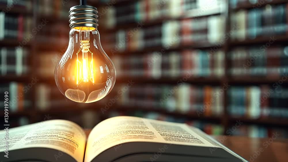Poster a close-up of a glowing light bulb hovering over an open book, casting a soft light over the pages. 