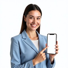 business woman showing blank phone on her hand with a smile