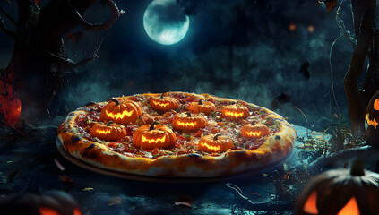 Halloween-themed pizza  and a spooky night background. 