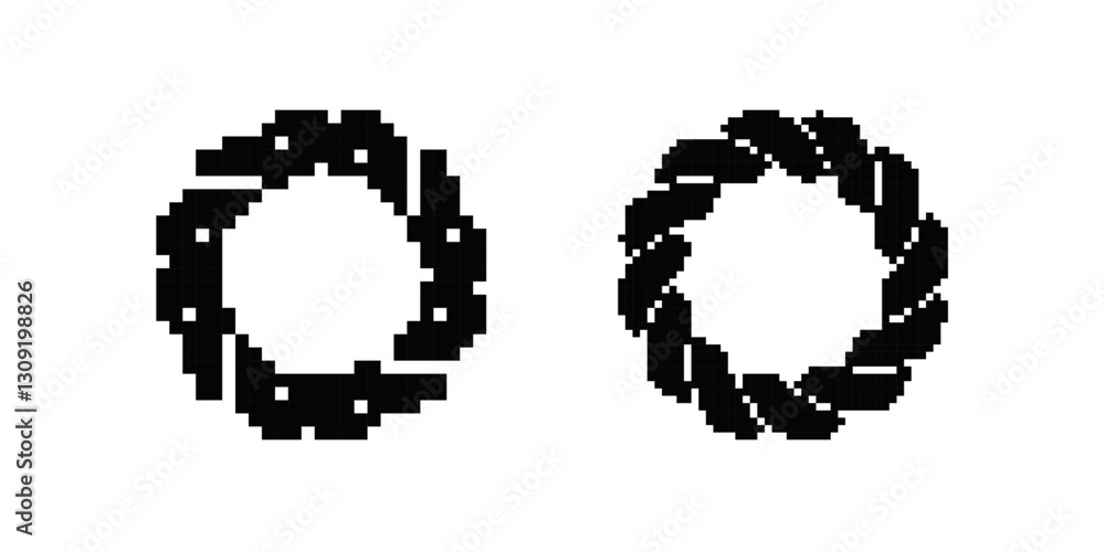 Poster two circular patterns in pixel art style showcasing unique pixel arrangements and designs.