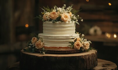 Elegant wedding cake adorned with delicate flowers and greenery, placed on a rustic wooden stand illuminated by soft diffused light for a romantic celebration setup