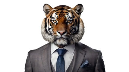 Tiger wearing suit portrait isolated on transparent white background png