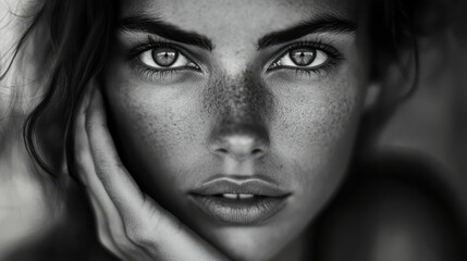 An emotional black and white close-up portrait of a woman with her hand on her cheek, eyes wide in astonishment, the play of light and shadow creating depth