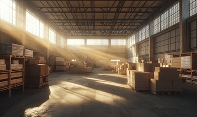 Expansive warehouse interior with clean industrial lines and warm golden light streaming through the windows creating a balanced composition .