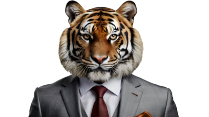 Tiger wearing suit portrait isolated on transparent white background png
