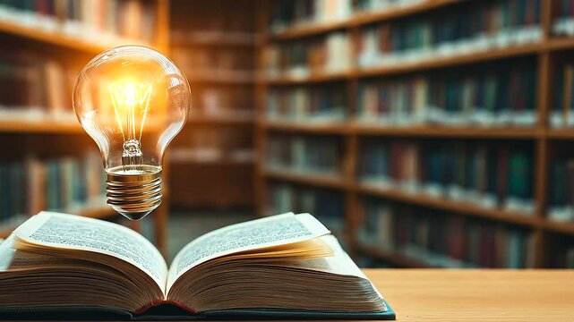 A glowing light bulb floats above an open book, shedding light on the pages filled with wisdom and knowledge. The bookshelves behind the book represent a rich source of education a