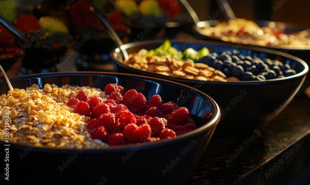 Poster gourmet oatmeal bowls with assorted toppings like berries and nuts, illuminated by soft light, creat