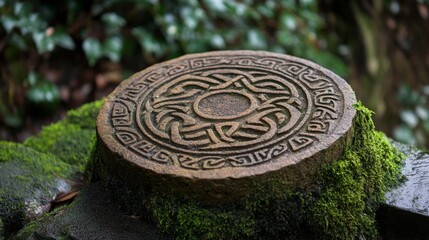 Celtic Knotwork Carving on Mossy Stone