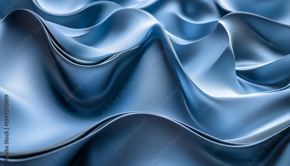 Poster abstract background with flowing blue metallic waves, creating fluid dynamics and depth