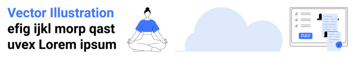 Person meditating in relaxed posture, cloud symbol, and interface with profile and call-to-action button. Ideal for wellness, mindfulness, productivity, calm, digital apps, self-care abstract line