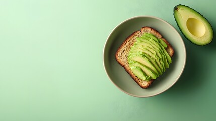 A top-down view of a bowl containing avocado toast, set against a soft gradient background that fades from pastel green to warm beige on the right, highlighting a modern and healthy aesthetic