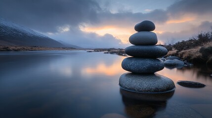Smooth stones balanced on top of each other by a calm river