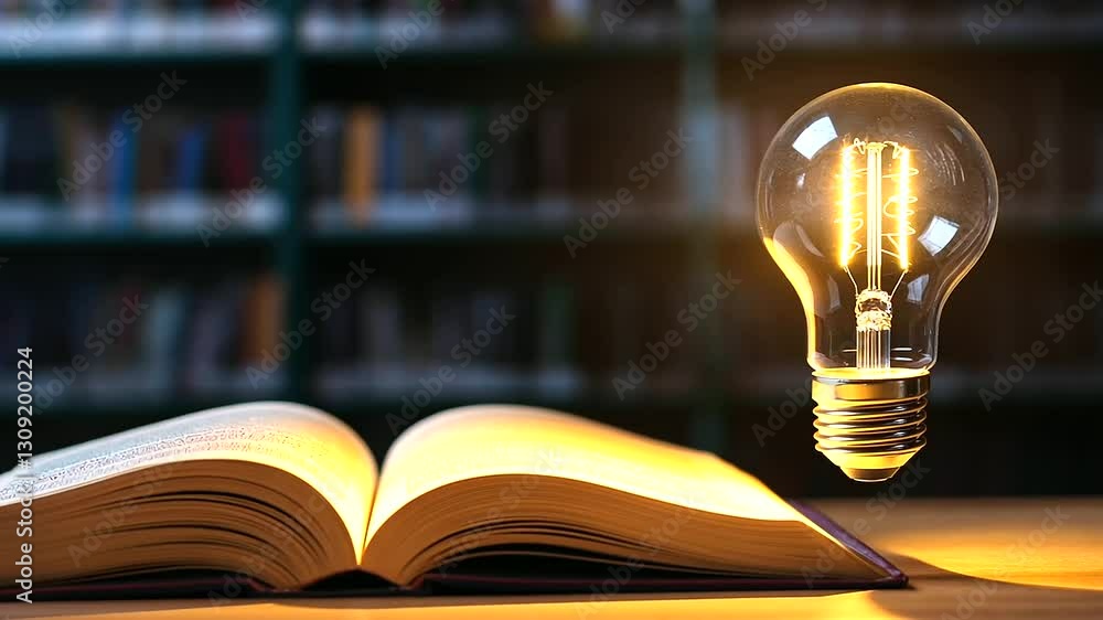 Poster a glowing light bulb shines above an open book, casting a golden glow on the pages, signifying knowl