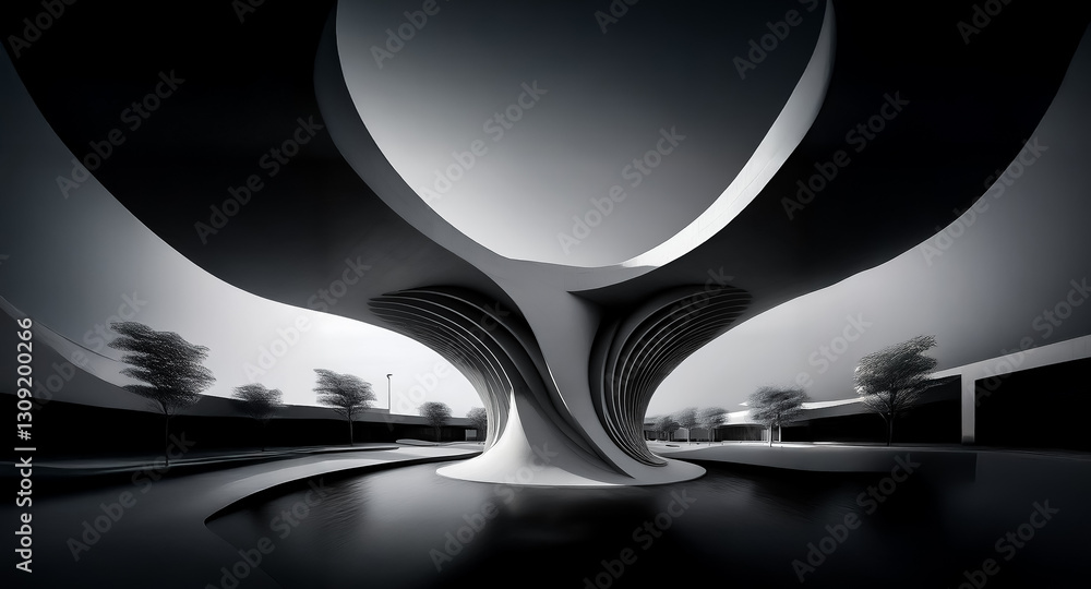 Leinwandbilder Abstract monochrome image of a futuristic, white, swirling architectural structure. Bold and unique design stands out in a dark urban landscape, creating an artistic scene.