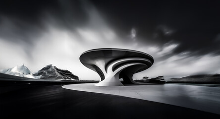 Futuristic architectural structure stands in a monochrome landscape under a dramatic cloudy sky. Modern design in a stark, artistic environment.