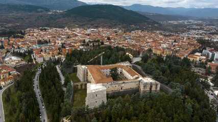 Aerial view of the Spanish Fort of L'Aquila, Abruzzo, central Italy. The Spanish Fort is a medieval...
