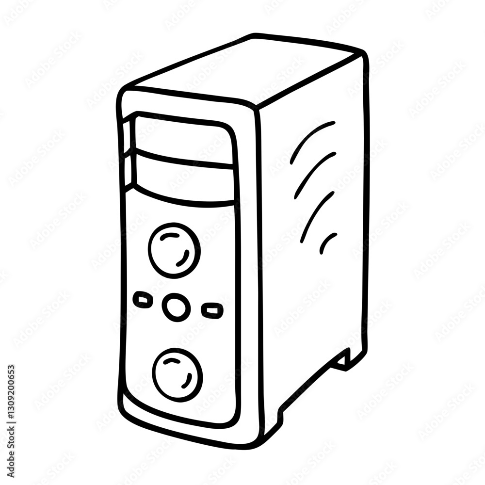 Poster hand-drawn desktop computer tower vector illustration for tech design