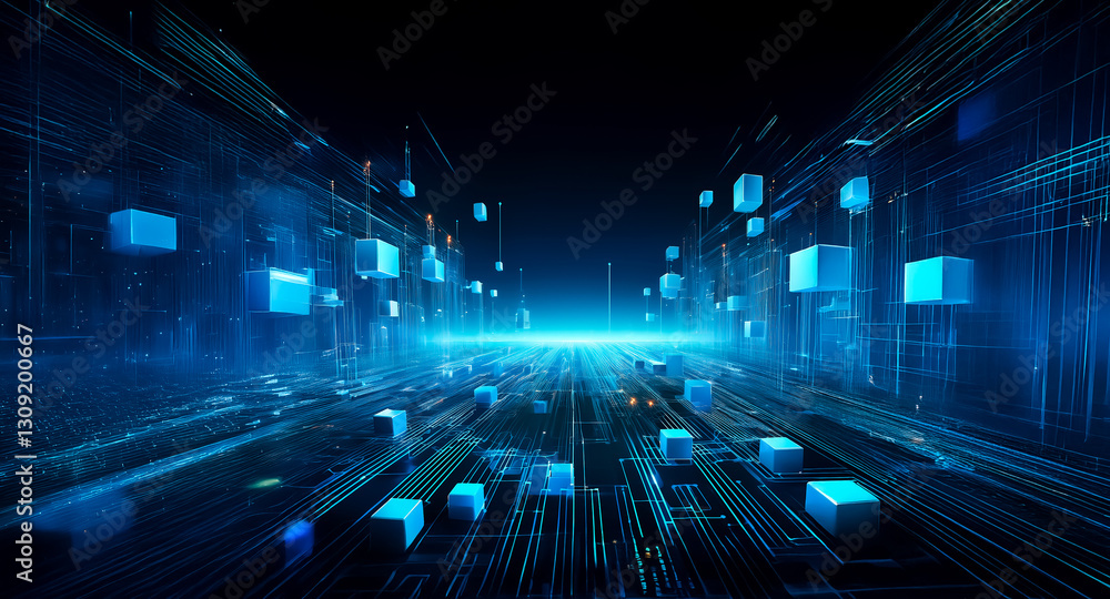 Poster abstract digital network with blue cubes and lines creating a futuristic perspective, suggesting dat