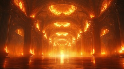 Obraz premium Fiery hall, columns ablaze, intense golden light.