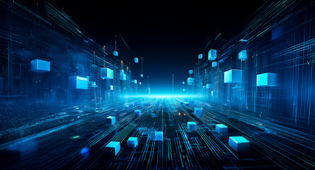Abstract digital network with blue cubes and lines creating a futuristic perspective, suggesting data flow in a technological environment.