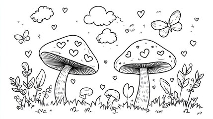 Cute mushrooms in a whimsical garden scene. Possible use children's book illustration, coloring page, background