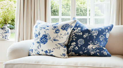 English style cottage interior in blue and white colour, delicate patterns, vintage furnishings, evoking the timeless charm and tranquillity of a classic countryside