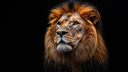 Fototapeta premium Golden-hued mane framing piercing eyes; intricate swirls of brown, black, orange, and yellow on this majestic lion's face