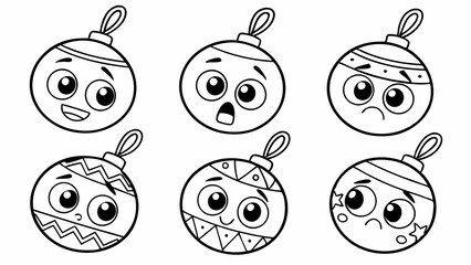 Collection of Black and White Christmas Ornament Cartoon Characters with Varied Expressions, Set of Cute Holiday Bauble Illustrations
