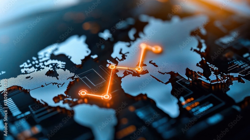Poster illuminated digital world map with glowing connections and borders representing global communication