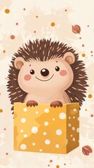 Naklejka premium Hedgehog in Yellow Polka-Dot Box