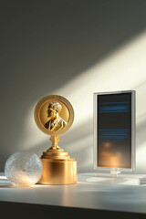 A golden Nobel Prize medal displayed alongside a modern, illuminated digital trophy and a glowing crystal sphere, symbolizing achievement and recognition.