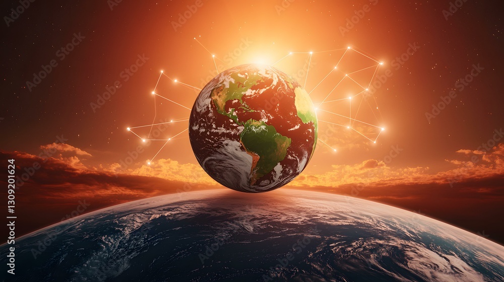 Aufkleber a stylized image depicts earth with a network of connections emanating from it; set against a fiery,
